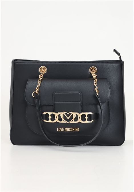 Black women's shopper with chain loop with hearts and logo LOVE MOSCHINO | JC4042PP1LLF0000